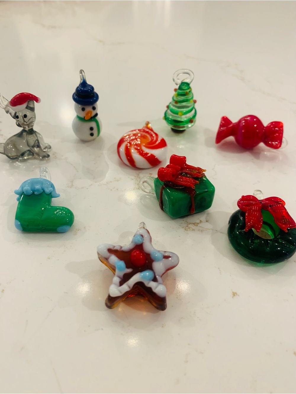 Vintage Mini Glass Christmas Ornaments 1” Set Of (9) Wreath, Stocking, Tree